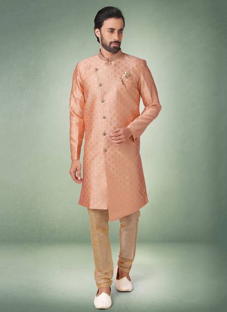 Peach Colour New Exclusive Wedding Wear Jacquard Banarasi Brocade Indo Western Mens Collection 1084